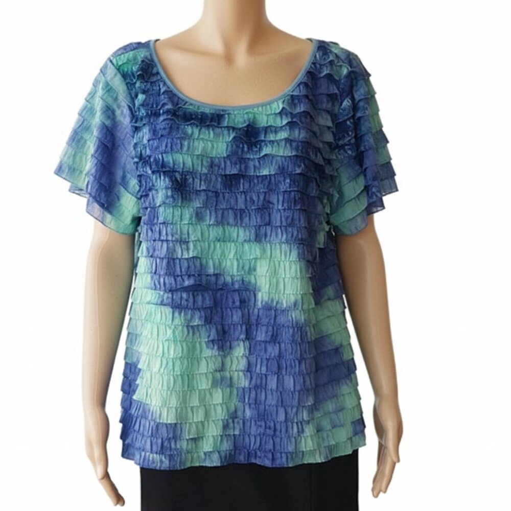 George 2X Blouse Plus Size 18W 20W Ruffle Tiered Ocean Blue Green Short Sleeve